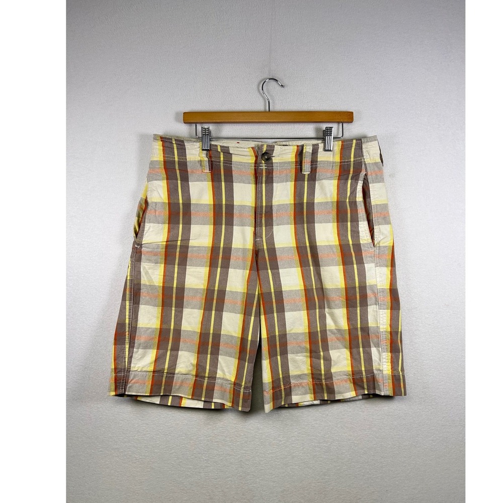 Retro Style Y2K Plaid Shorts Mens 34 Brown Yellow Orange Cotton Flat‎ Front